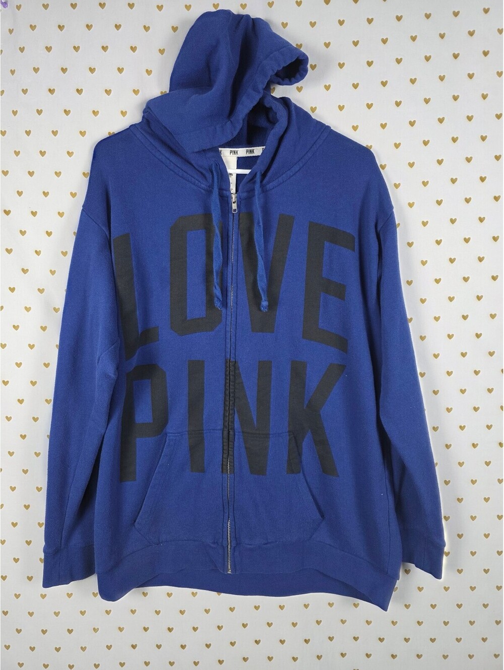 Victorias Secret Pink Full Zip OVERSIZED Blue Logo Jacket Hoodie MEDIUM